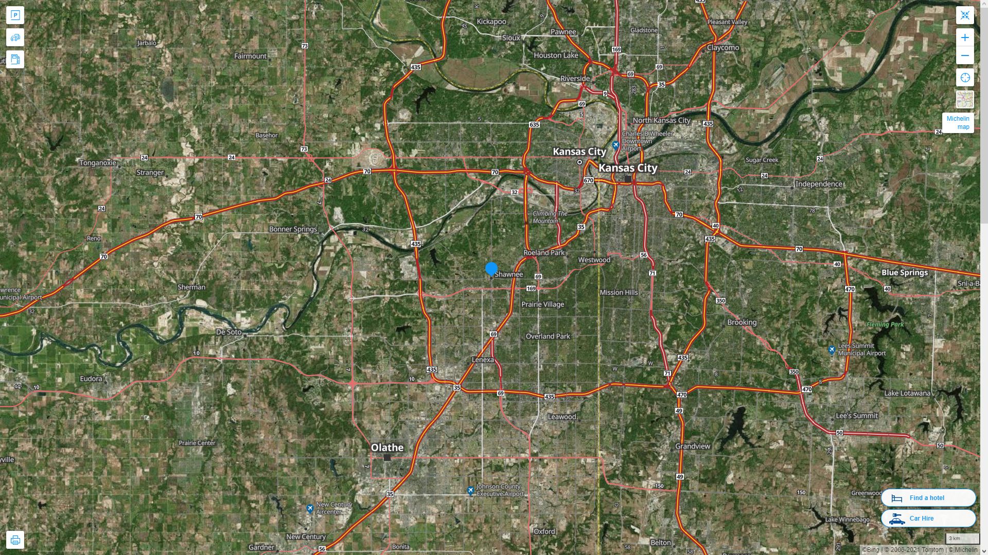 Shawnee Kansas Highway and Road Map with Satellite View